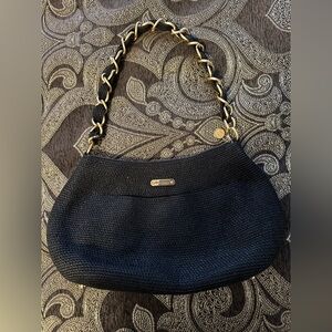 BN Eric Javits Black Bag with Gold Chain Strap Yellow Interior